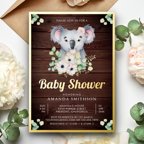 Floral Eucalyptus Koala Girl Wood Baby Shower Gold Foil Invitation