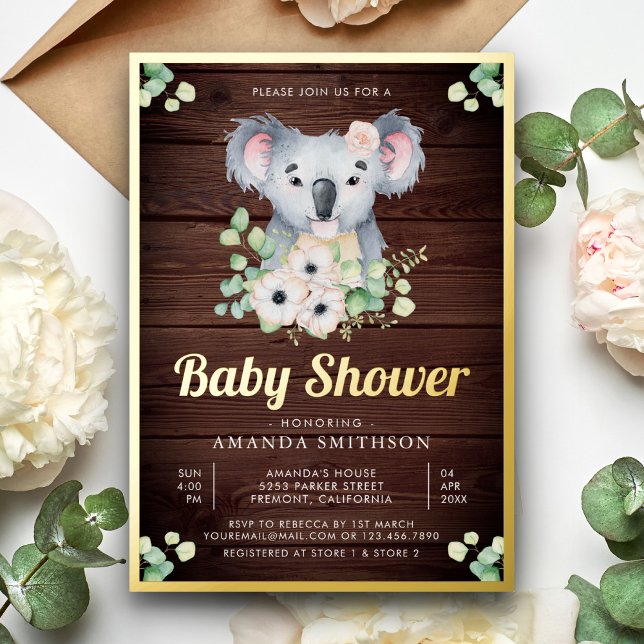 Floral Eucalyptus Koala Girl Wood Baby Shower Gold Foil Invitation (Creator Uploaded)