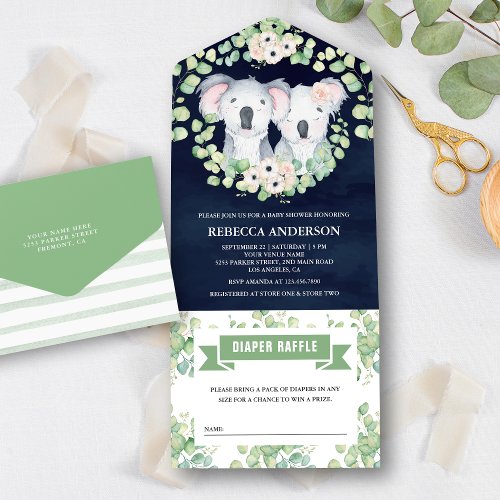 Floral Eucalyptus Koala Twins Navy Baby Shower All In One Invitation