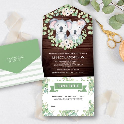 Floral Eucalyptus Koala Twins Wood Baby Shower All In One Invitation