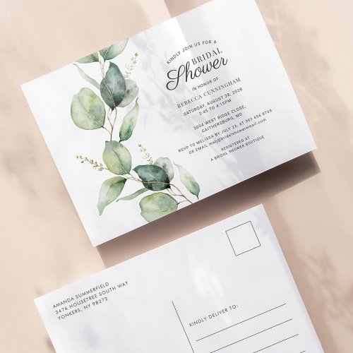 Floral Eucalyptus Leaves Script Bridal Shower Invitation Postcard