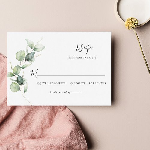 Floral Eucalyptus Leaves Script Wedding RSVP Card