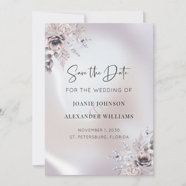 Floral Eucalyptus Luxe Pearl Wedding Save The Date (Front)