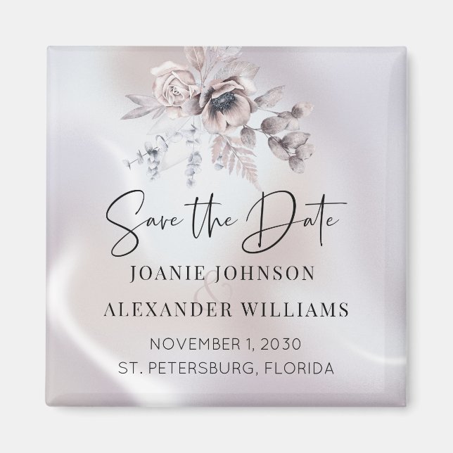 Floral Eucalyptus Luxe Pearl Wedding Save the Date Magnet (Front)