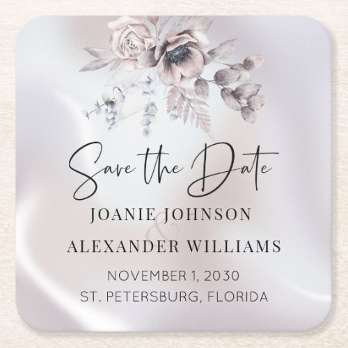 Floral Eucalyptus Luxe Pearl Wedding Save the Date Square Paper Coaster