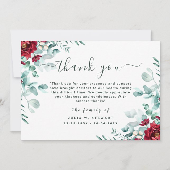 Floral Eucalyptus Modern Funeral Thank You Note Card (Front)