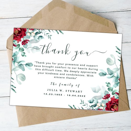 Floral Eucalyptus Modern Funeral Thank You Note Card