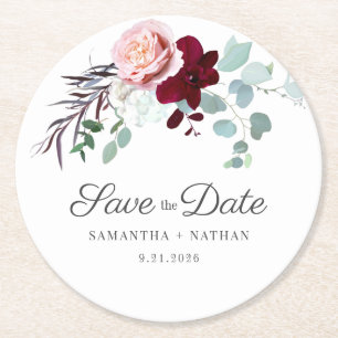Floral Eucalyptus Pink Save the Date Wedding Round Paper Coaster