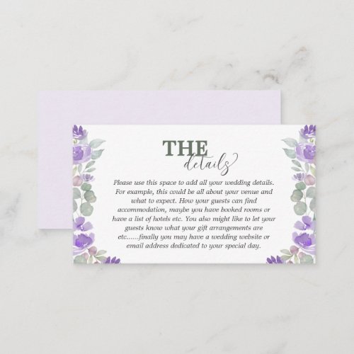 Floral Eucalyptus Purple Wedding Details  Enclosure Card