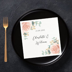 Floral eucalyptus rose gold blush wedding napkins
