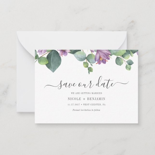 Floral Eucalyptus Script Greenery Save The Date Note Card (Front)