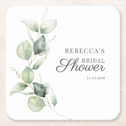 Floral Eucalyptus Script Succulent Bridal Shower Square Paper Coaster
