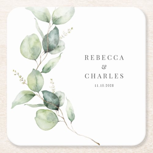 Floral Eucalyptus Script Wedding Favor Square Paper Coaster