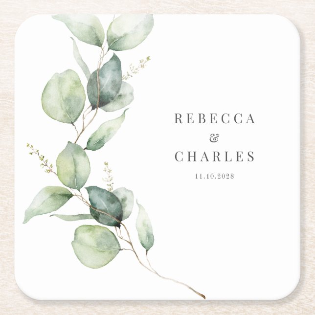 Floral Eucalyptus Script Wedding Favor Square Paper Coaster (Front)
