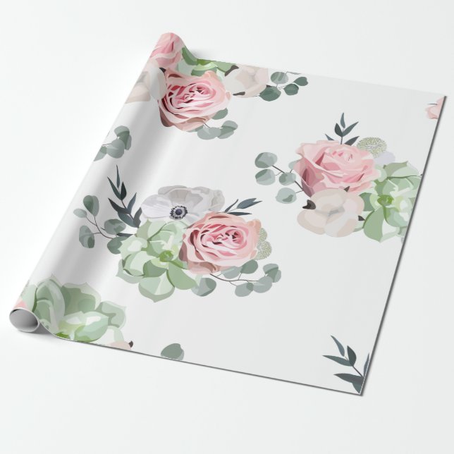 Floral Eucalyptus Succulent Wedding Wrapping Paper (Unrolled)