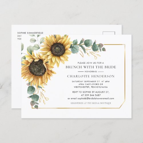 Floral Eucalyptus Sunflower Bridal Brunch Invitation Postcard