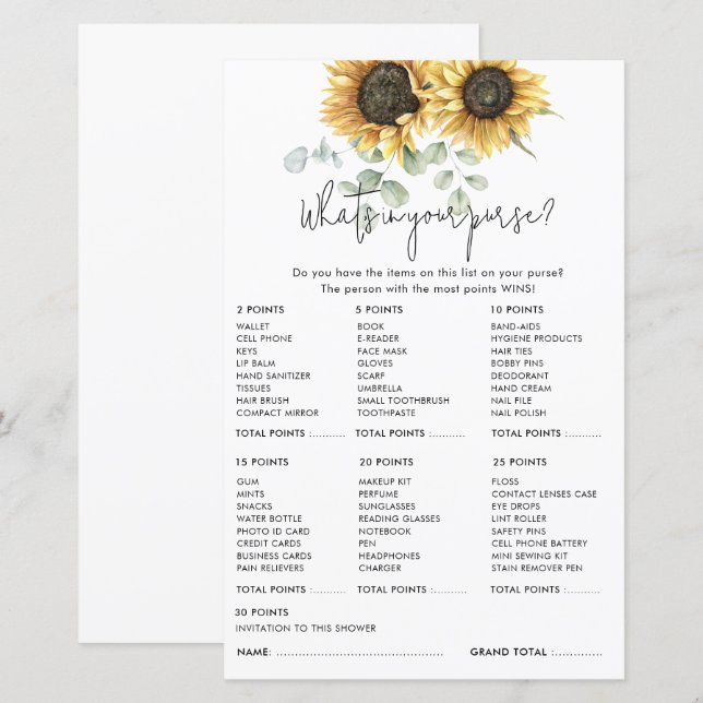 Floral Eucalyptus Sunflower Bridal Shower Game (Front/Back)