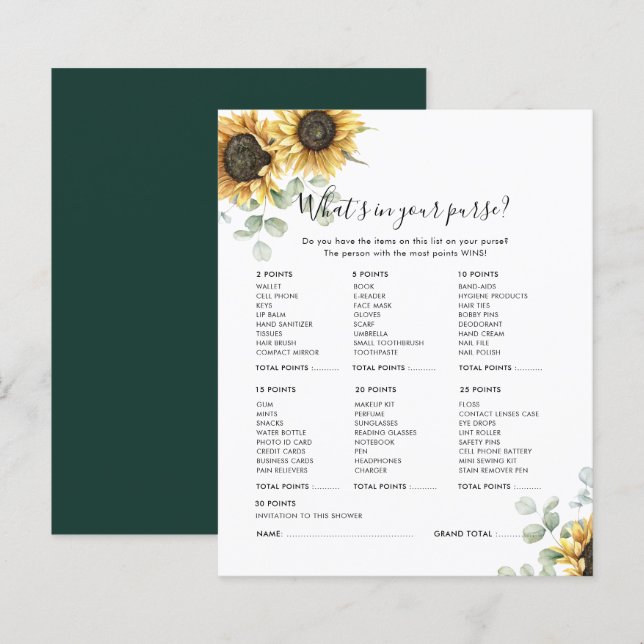 Floral Eucalyptus Sunflower Bridal Shower Game (Front/Back)