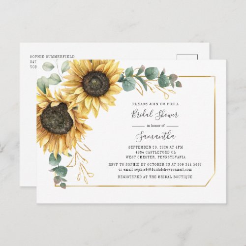 Floral Eucalyptus Sunflower Bridal Shower Invitation Postcard