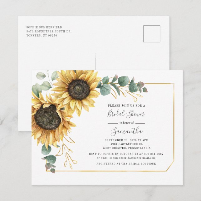 Floral Eucalyptus Sunflower Bridal Shower Invitation Postcard (Front/Back)