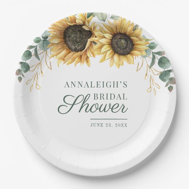 Floral Eucalyptus Sunflower Greenery Bridal Shower Paper Plates (Front)