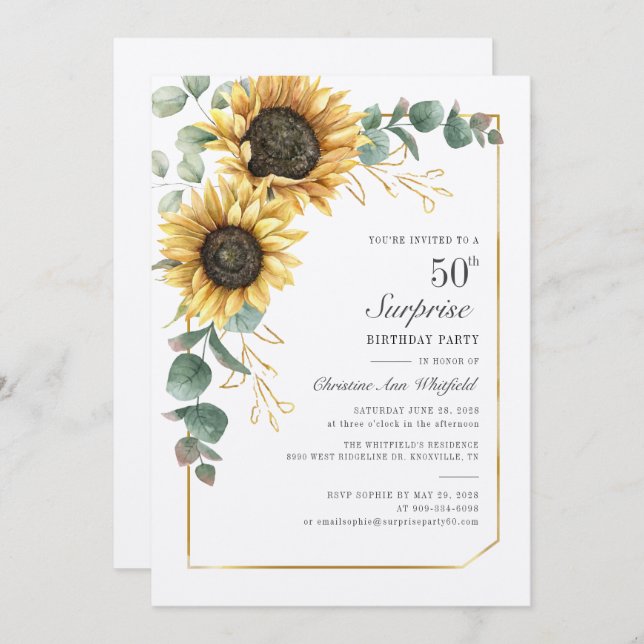 Floral Eucalyptus Sunflower Script 50th Birthday Invitation (Front/Back)