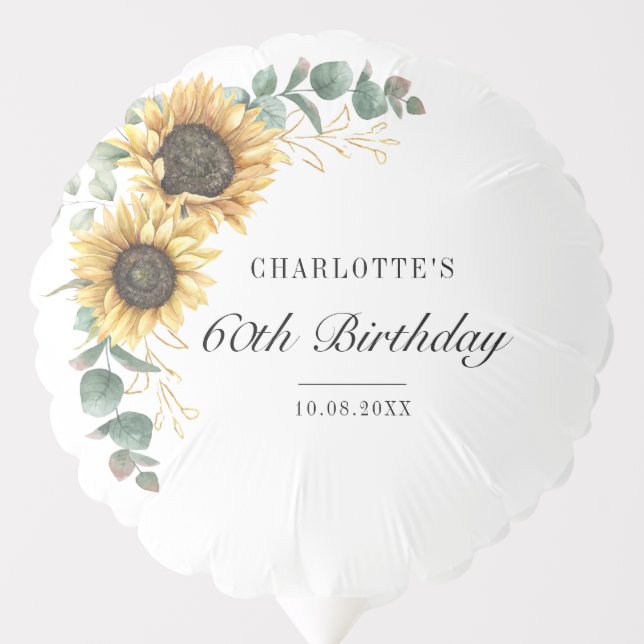 Floral Eucalyptus Sunflower Script 60th Birthday Balloon (Front)
