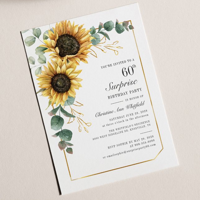 Floral Eucalyptus Sunflower Script 60th Birthday Invitation (Creator Uploaded)