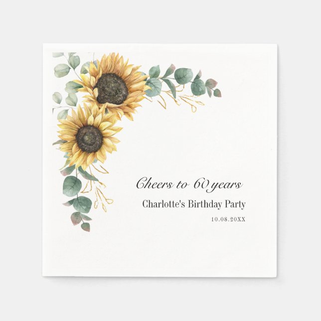 Floral Eucalyptus Sunflower Script 60th Birthday Napkins (Front)