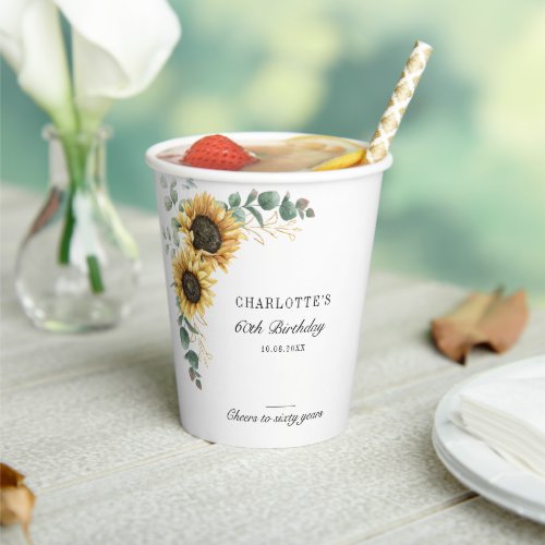 Floral Eucalyptus Sunflower Script 60th Birthday Paper Cups