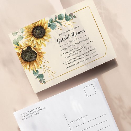 Floral Eucalyptus Sunflower Script Bridal Shower Invitation Postcard