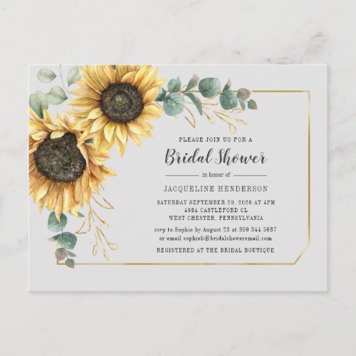 Floral Eucalyptus Sunflower Script Bridal Shower Invitation Postcard
