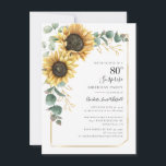 Floral Eucalyptus Sunflower Surprise 80th Birthday Invitation<br><div class="desc">Eucalyptus Sunflower Floral Script 80th Birthday Invitation you can easily customize with your party details by clicking the "Personalize" button. Featuring bright yellow floral and greenery succulent with a gold foil geometric frame and modern typography</div>