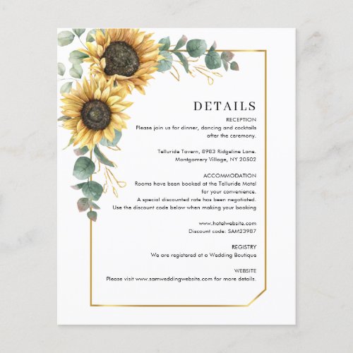 Floral Eucalyptus Sunflower Wedding Details Card