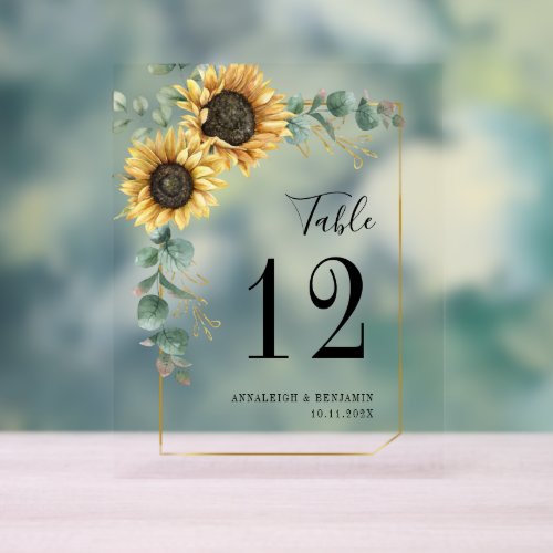 Floral Eucalyptus Sunflower Wedding Table Number Acrylic Sign