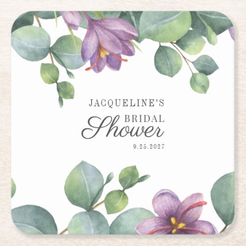 Floral Eucalyptus Watercolor Script Bridal Shower Square Paper Coaster