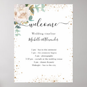 Floral eucalyptus wedding timeline program poster