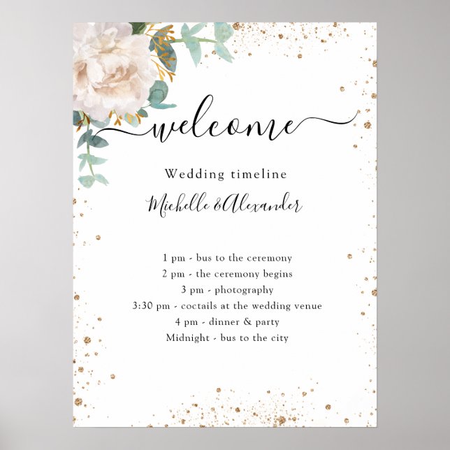 Floral eucalyptus wedding timeline program poster (Front)