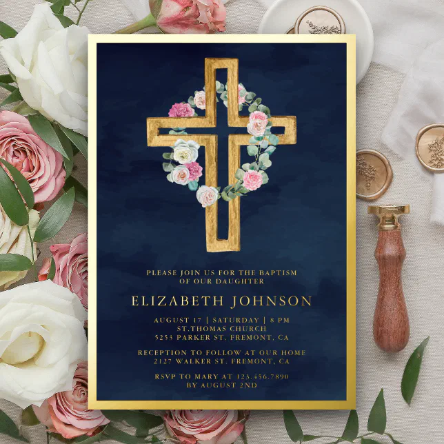 Floral Eucalyptus Wood Cross Baptism Navy Gold Foil Invitation | Zazzle