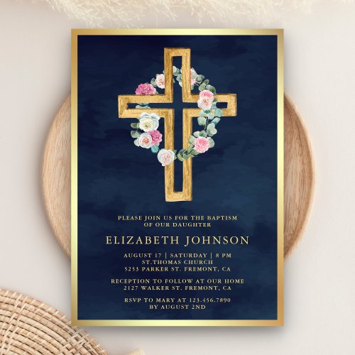 Floral Eucalyptus Wood Cross Navy Gold Baptism Invitation