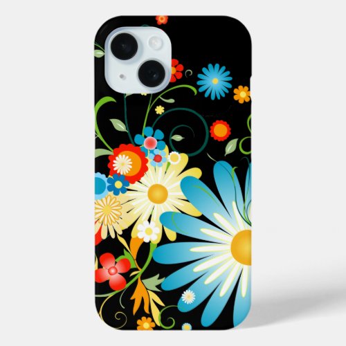 Floral Explosion of Color on Black iPhone 15 Case