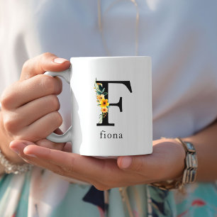 Floral F Monogram Mug with Editable Name