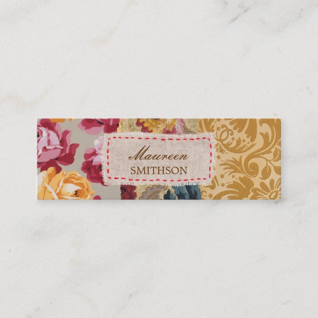 Floral Fabric Patchwork (Gold) Personalized Mini Business Card (Front)