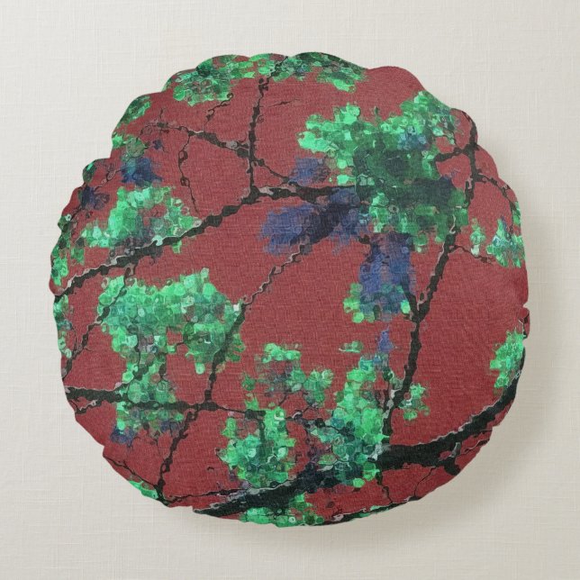 Floral Fabric, Red Round Pillow (Front)