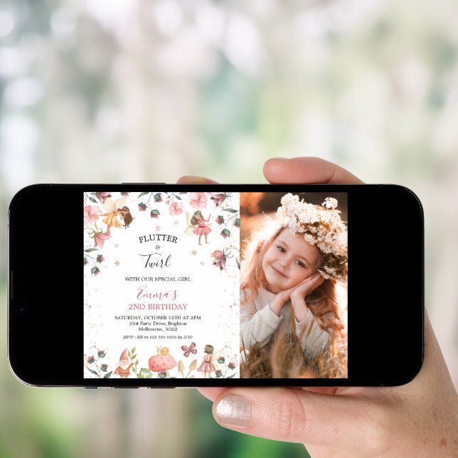 Floral Fairies Girls Photo Birthday Party Invitation (Front Digital)