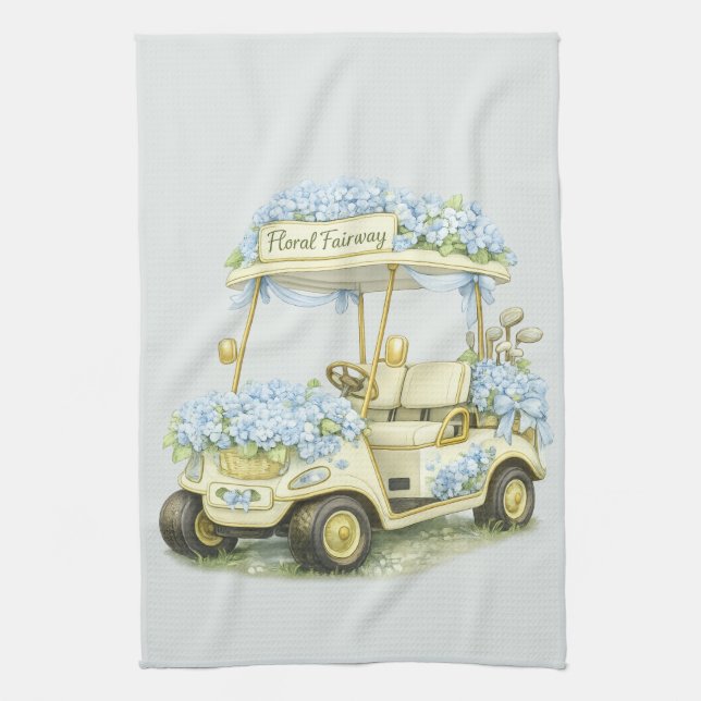 Floral Fairway Hydrangea Golf Cart Sage Tea Towel (Vertical)