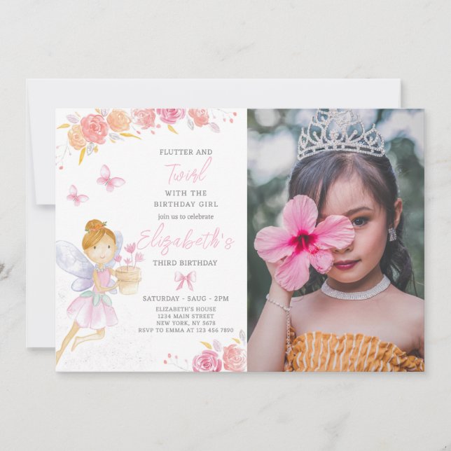 Floral Fairy Birthday Invitation With Photo (Front)