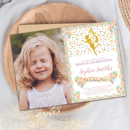 Floral Fairy Birthday Invitations with photo