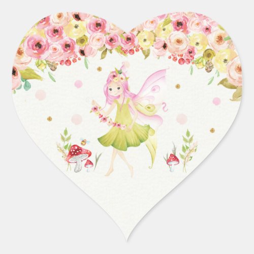 Floral Fairy Birthday Party Favor Heart Sticker