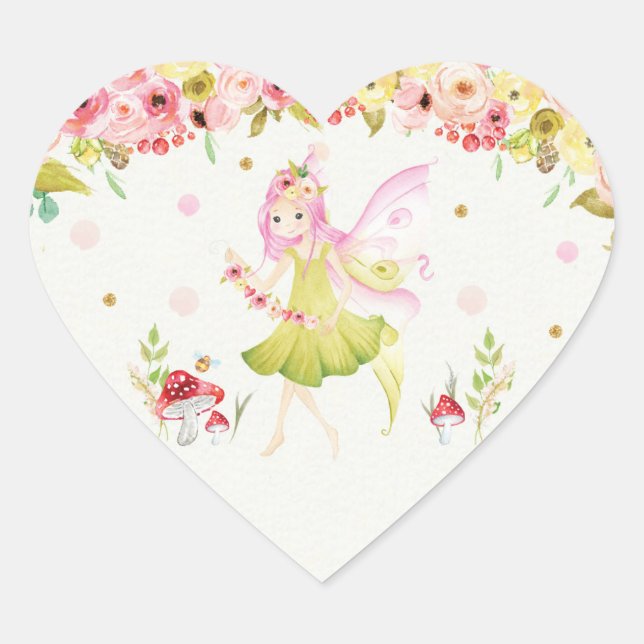 Floral Fairy Birthday Party Favor Heart Sticker (Front)